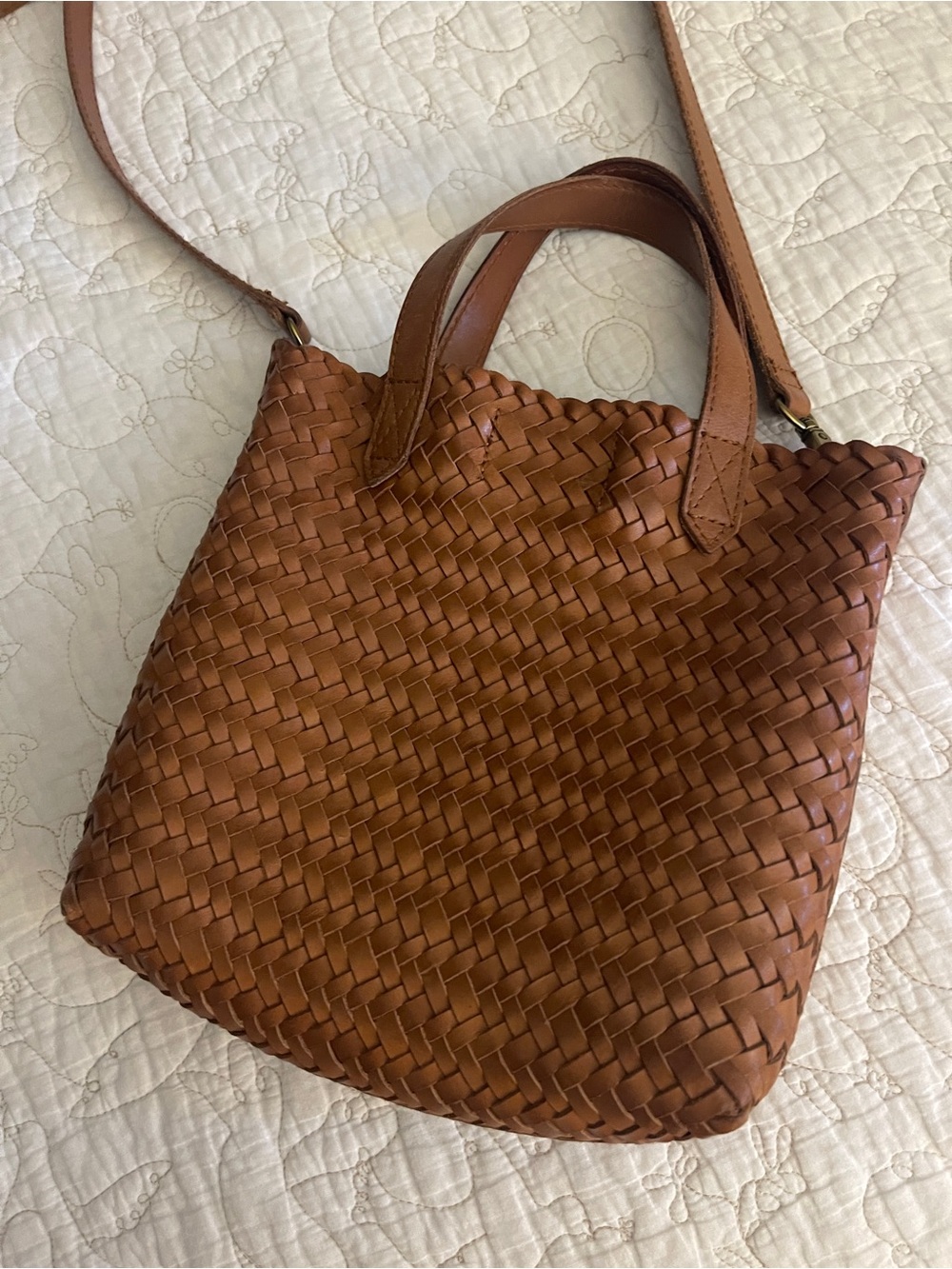 Madewell Small Transport Woven Leather Crossbody Tote Cognac - Picture 3 of 11